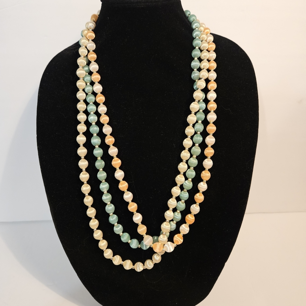 3 Spun Silk Satin Pastel Hue Colors Beaded Necklace Circa 60s